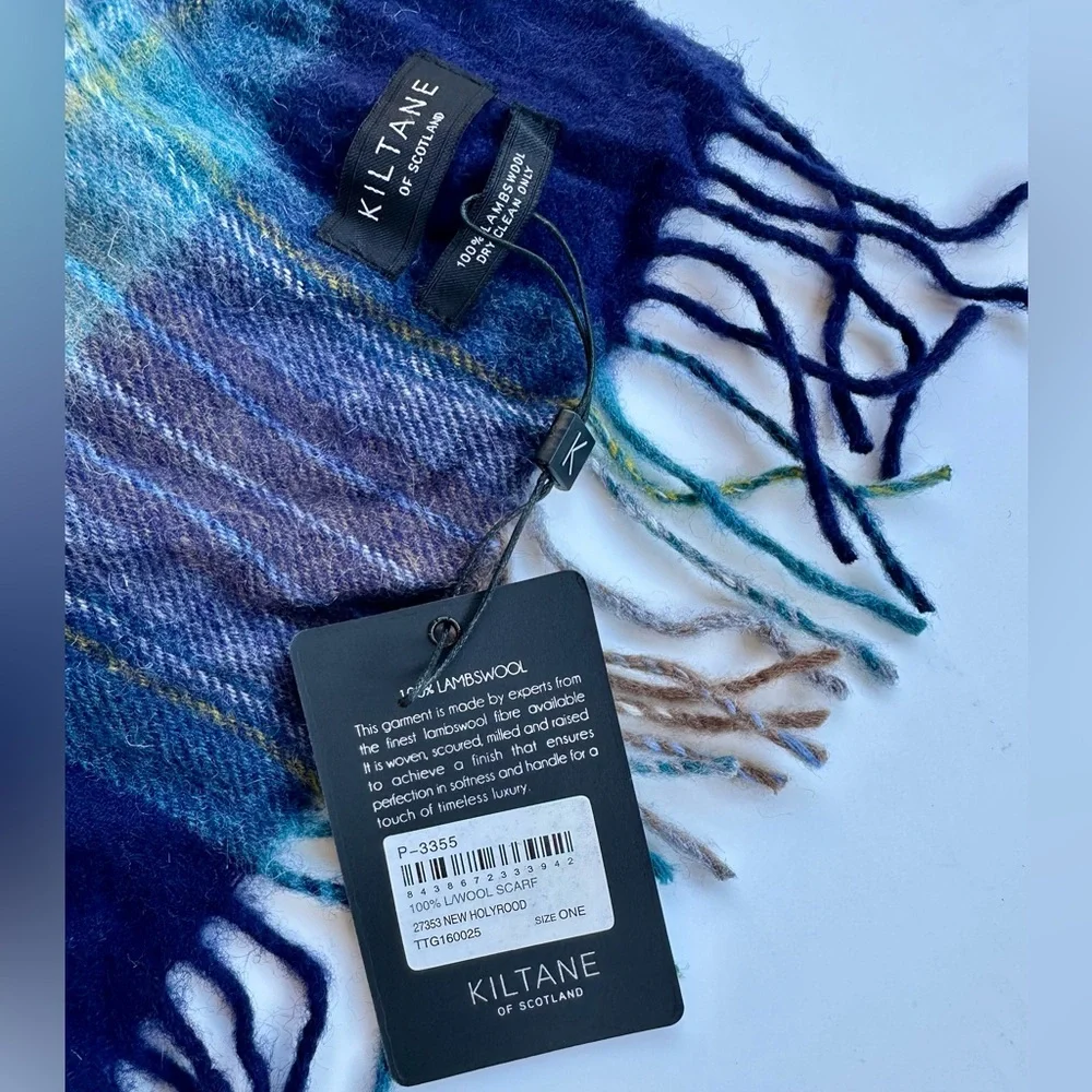 NWT Kiltane of Scotland Plaid Lambswool Navy Turquoise and Brown Scarf, 62”x10”